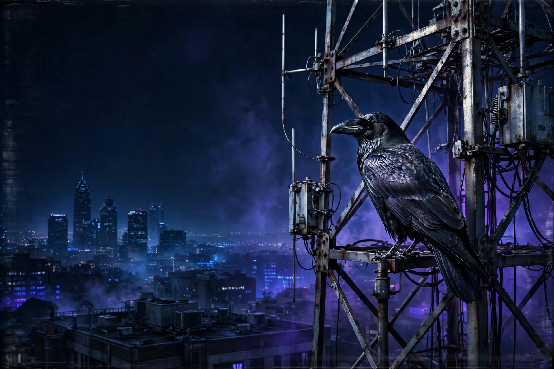Raven perched above the Atlanta skyline at night